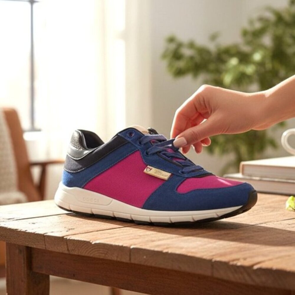 Gucci Web Runner Color Block Navy Fuchsia Lace-Up Trainers Size 36.5 (US 6.5)